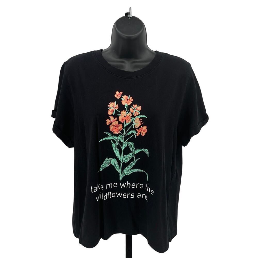Messy Bun Just Chillin' T-Shirt WMNS L Black Flower Print Short Sleeve Crew Neck